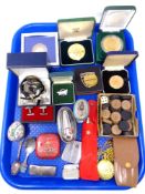 A tray of lighters including Ronson, wooden draughts counters, modern pocket watch,