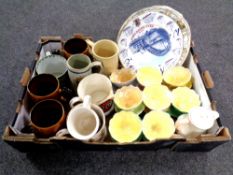 A box of ceramics, Wade brewery tankards, wall plates, Art Deco coffee pot,