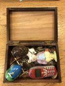 A wooden box containing an interesting collection of collectables : Beswick Beatrix Potter figure,