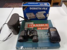 A Subbuteo World Cup edition set together with a pair of fast focus binoculars, scrabble,