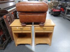 A pair of contemporary bed-side cabinets together with a brown leather foot stool.