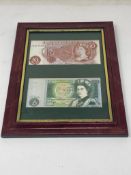 A framed Bank of England 1 shilling note and £1 note
