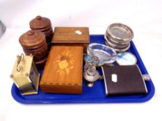 A tray of wooden boxes, containers, hip flask, silver plated dishes.