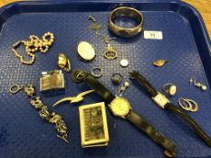 A tray containing costume jewellery, small 9ct gold locket, lighter, wristwatches,