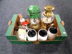 A box containing brass converted lamp, lamp, Tilley lap, vintage telephone etc.