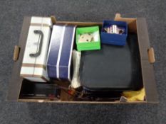 A box of CDs in case, Laurel and Hardy box set, some costume jewellery, typewriter etc.
