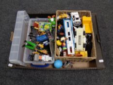 A box containing a quantity of die cast vehicles and toys including Matchbox etc.