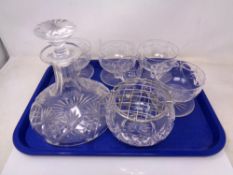 A tray of glass, ships decanter, crystal.