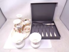 A Spode cake slice and pastry fork set, together with trinket set and pair of Coalport vases.