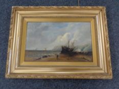 A 20th century oil painting depicting a boat on a beach.