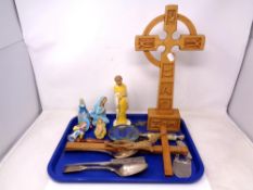 Tray of wooden crucifixes, religious figure, cutlery etc.