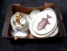 A box of china fish plates, Royal Worcester oven bowl etc.