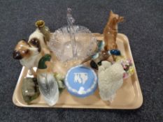 A tray of animal ornaments, dog figures, antique glass basket etc.
