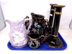 Tray of Victorian black and gilt tea set, Victorian water jug, pair of candlesticks.