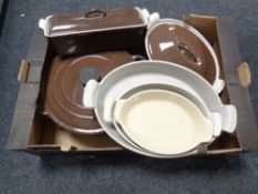 A tray of Le Creuset kitchen ware including large pan, graduated dishes etc.