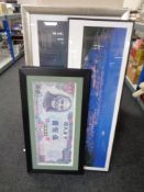 Two framed Chinese bank notes together with photographic prints of China and New York.