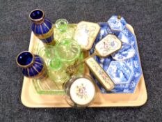 A Wedgwood blue and white part trinket set together with needle point dressing table items,