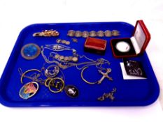 A tray of costume jewellery, Arts & Crafts style brooch,