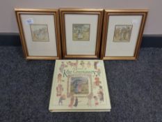 Three Kate Greenaway colour prints depicting children together with one volume 'A treasury of Kate