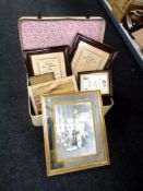 A vintage case together with pictures and prints, a picture mirror of a dog, musician certificates.