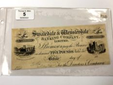 A provincial banknote Swaledale & Wensleydale Banking Company Limited, Five Pounds, Bedale Branch,