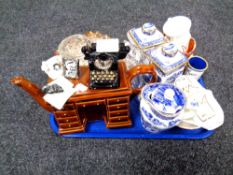 A Cardew pottery novelty teapot together with Ringtons blue and white willow pattern caddies,