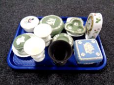 Tray of Wedgwood Jasperware trinket pots, Wedgwood Wild Strawberry mantel clock etc.