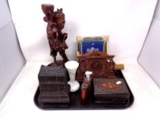 A Chinese carved figure of a man together with further carvings, silver plated photograph frame,