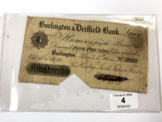 A provincial banknote Burlington & Driffield Bank, for Harding, Smith and Stansfield, Five Pounds,