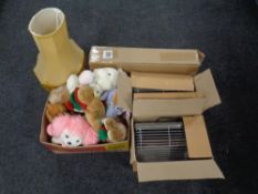 Two electric heaters, a box of soft toys, a brass table lamp, a TV stand in a box.