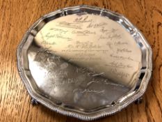 A silver salver, Sheffield 1943, with inscription 'Presented to Mr & Mrs T E Belcher,
