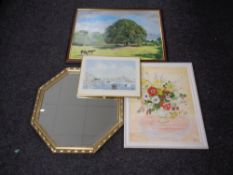 An octagonal bevelled mirror together with pictures including an oil painting of still life.