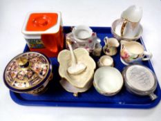 A tray of Maling milk jug, Royal Crown Derby lidded urn (a/f), further china.