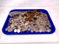 A tray of coins, mostly British including Victorian silver crown 1896,