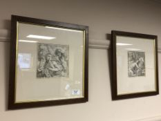 A pair of monochrome prints depicting classical scenes.