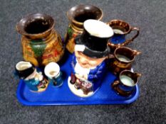 A tray of large character jugs, Toby jugs, copper lustre ware, pair of pottery vases.