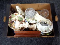 A box of china collector's plates and ornaments, Royal Albert etc.