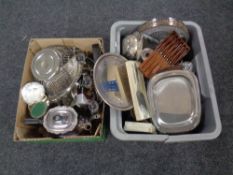 Two boxes of silver plated items, cutlery, hot water jug, candelabra etc.