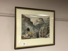 19th century school, watercolour depicting a figure by mountains.