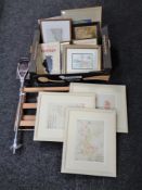 A collection of pictures and prints, an artists table easel, a shooting stick.