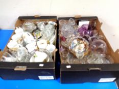 Two boxes of glass, tea china, pottery figures etc.