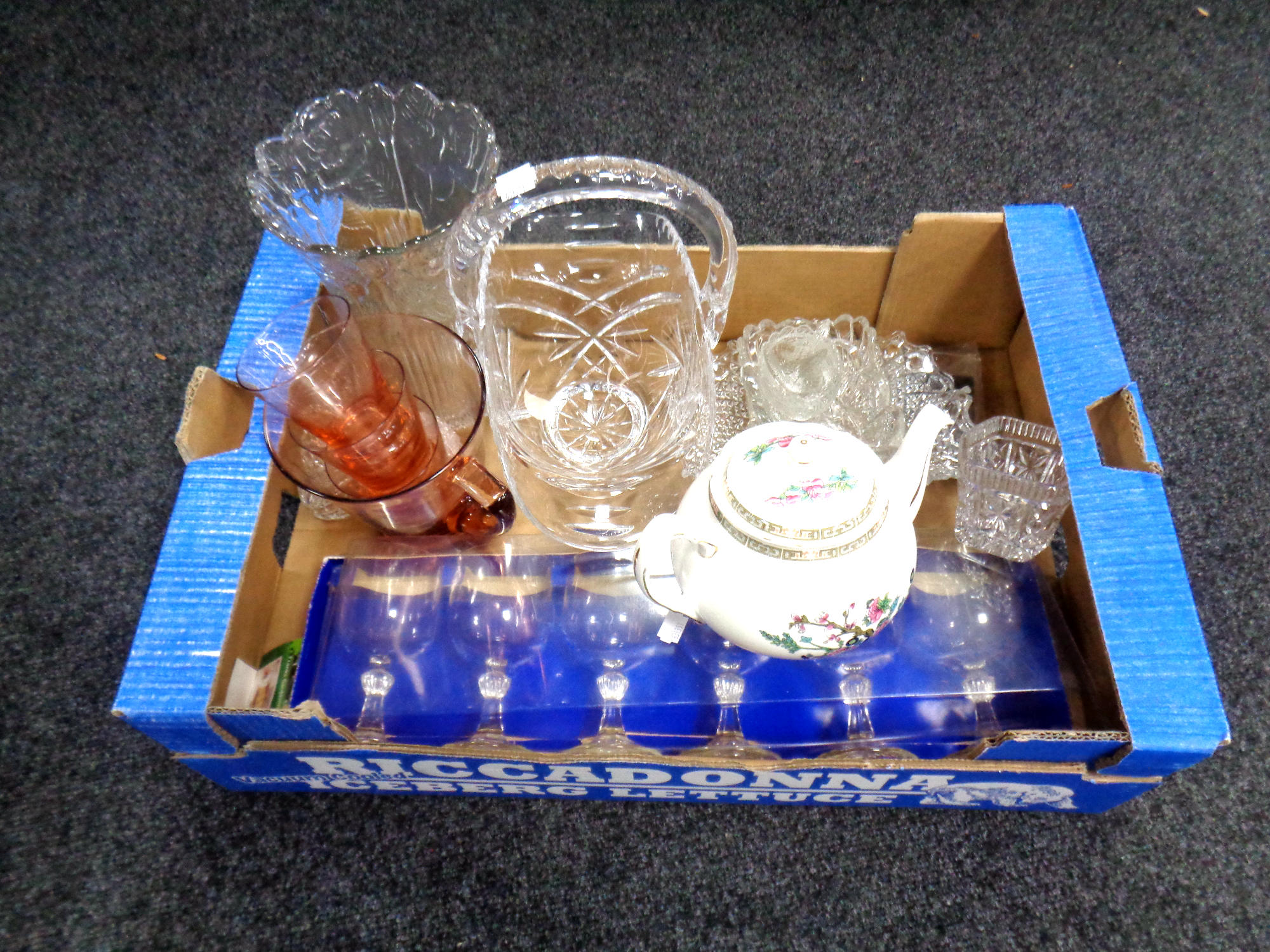 A box of glass, a crystal basket, a Duchess teapot, set of wine glasses.