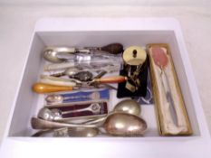 A small tray and antique and later cutlery, souvenir spoons,
