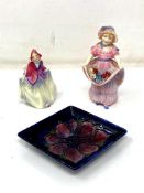 A small Moorcroft dish, diameter 15 cm, together with two Royal Doulton miniature figures,