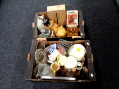 Two boxes containing tea china, silver-plated items, kitchenware, coffee grinder, storage jars etc.