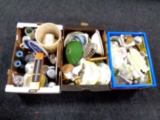 Three large crates of china, pottery, kitchen ware, hatbox containing a hat, bowls etc.