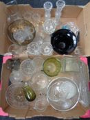Two boxes of 20th century pressed glass including vases,