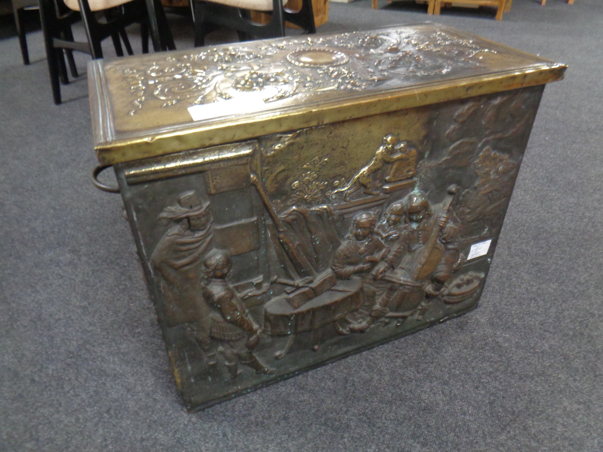 A late 19th century Belgian embossed brass storage box by A. Arens and Co.