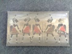 An unframed oil on canvas depicting tribal figures