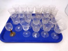 A tray of antique etched glasses